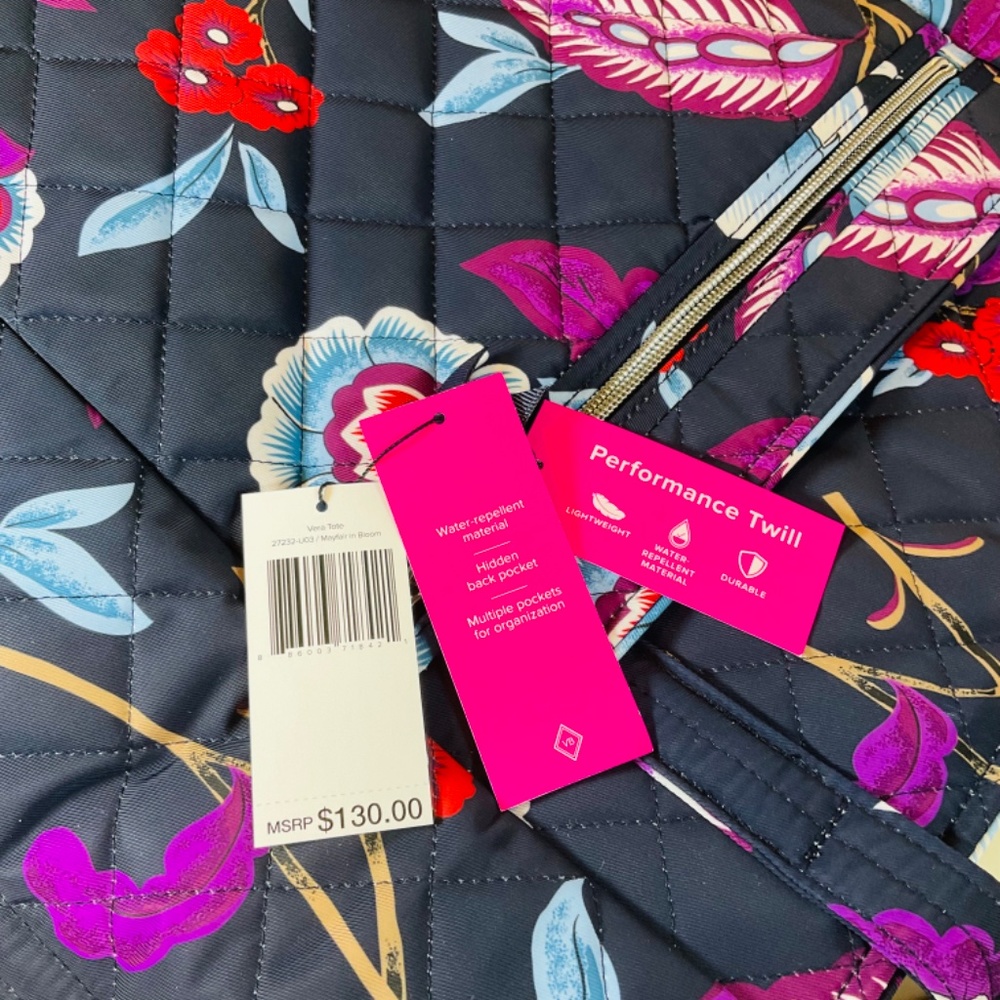 Vera Bradley Large Vera Tote Bag Purse Navy Floral Spring Break - Picture 7 of 7